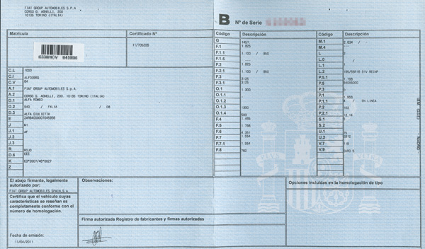 Ejemplo de Ficha técnica (tarjeta ITV)